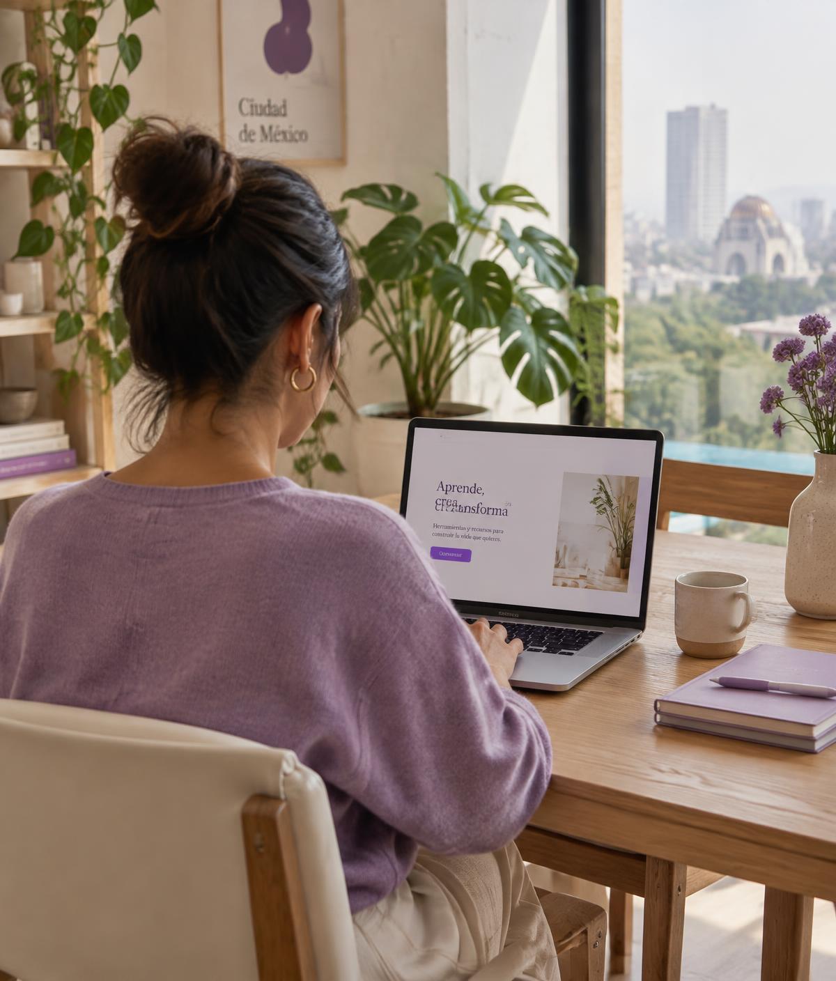 Woman learning online in a bright, contemporary workspace (illustrative image)
